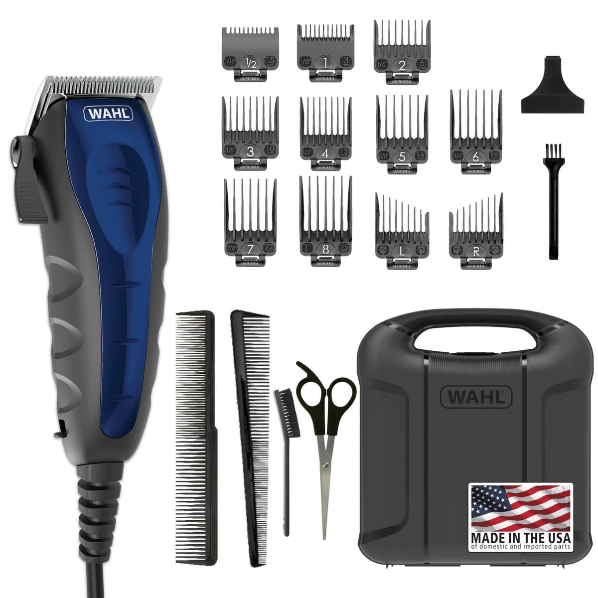 Blue and grey corded hair clipper with multiple guards, combs, scissors, and case