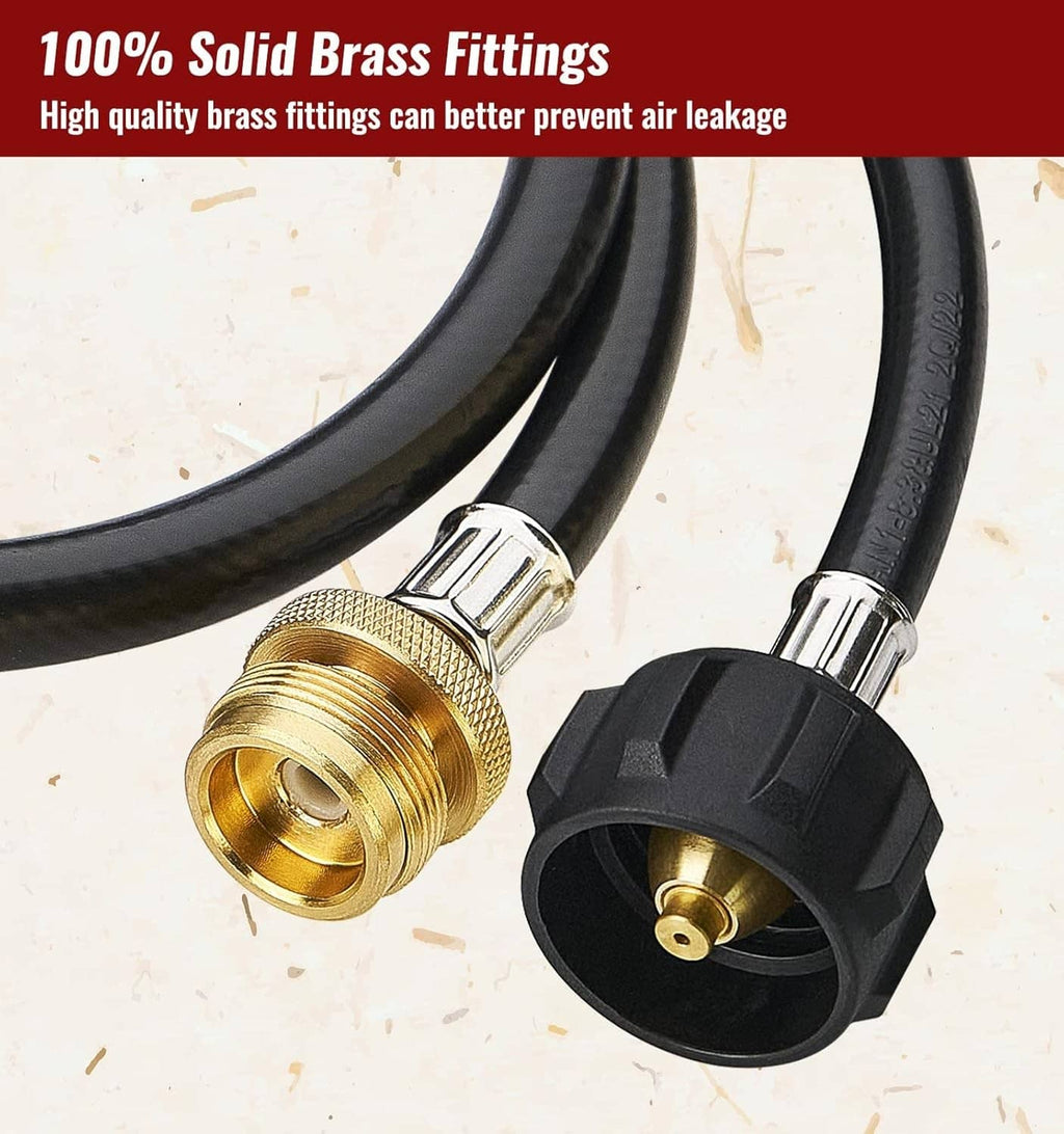 Propane adapter hose with two brass fittings and black QCCT1 Type 1 end connector