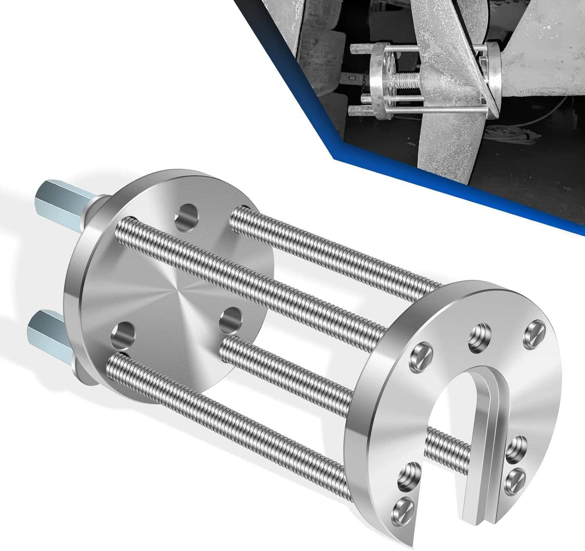 Boat prop puller tool with silver metal pull plates and threaded rods