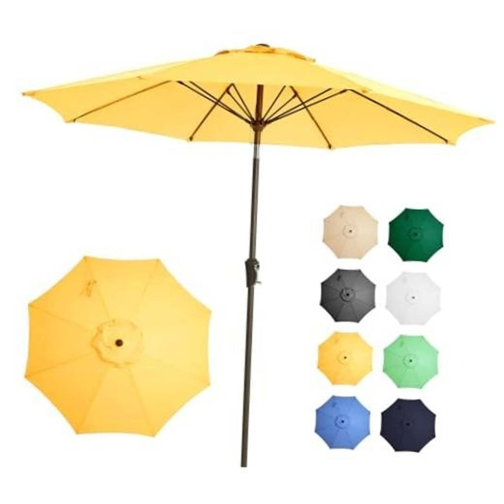 9-ft yellow patio umbrella with open canopy, fiberglass-style ribs, and central pole