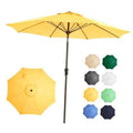9-ft yellow patio umbrella with open canopy, fiberglass-style ribs, and central pole