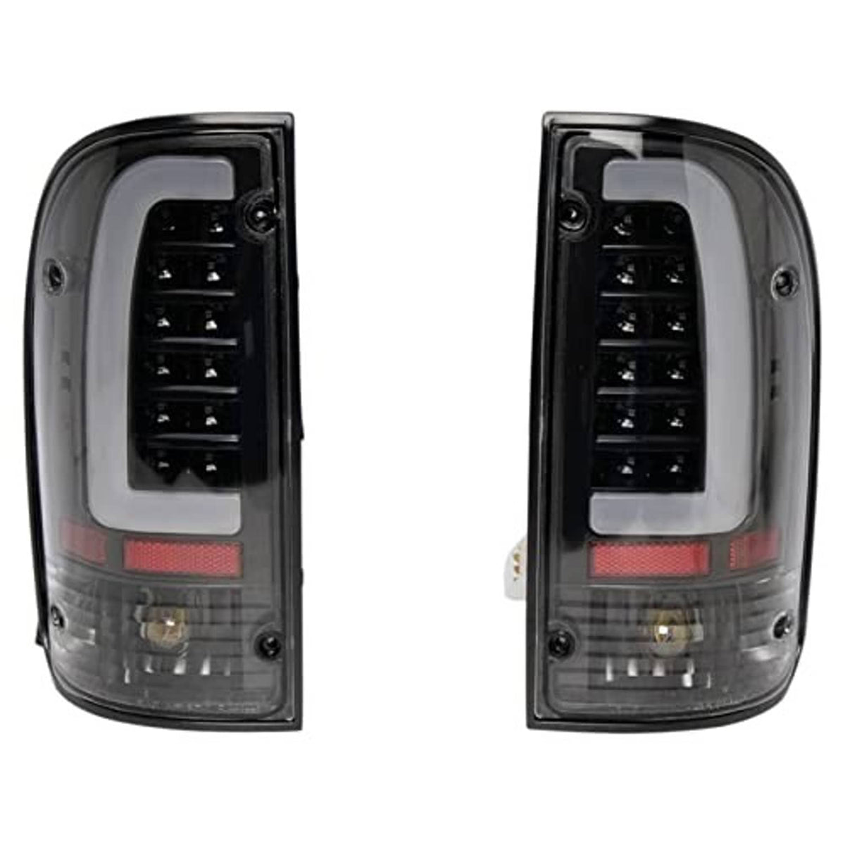 Pair of LED tail lights, black housing and clear lens, red reflector strip at bottom
