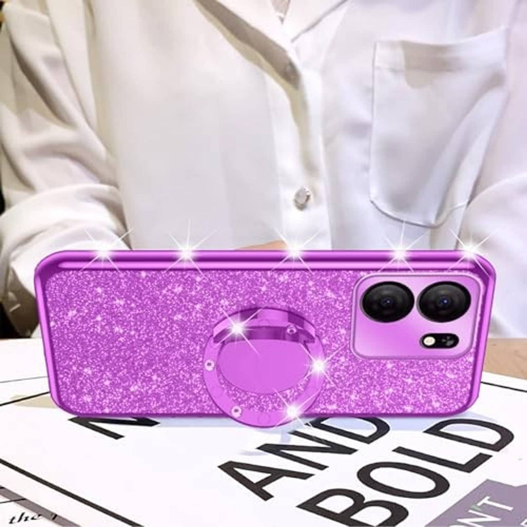 Purple glitter TPU phone case with circular ring kickstand over phone camera area