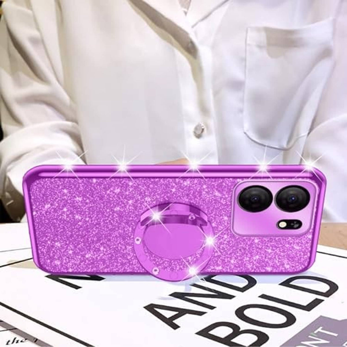 Purple glitter TPU phone case with circular ring kickstand over phone camera area