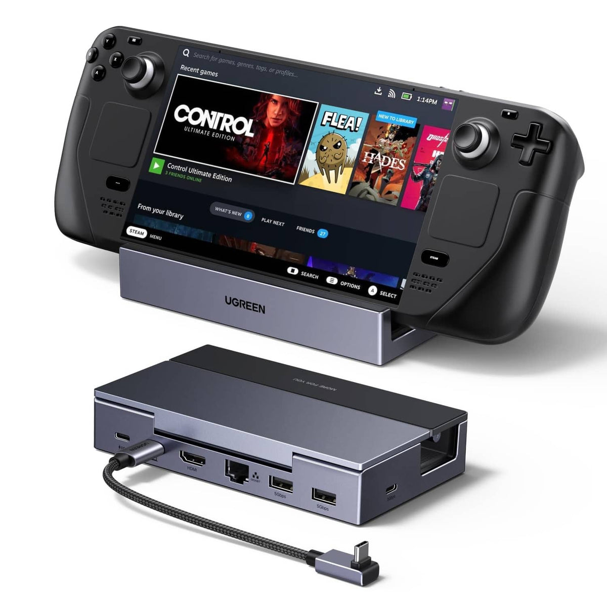 UGREEN 6-in-1 Steam Deck dock with ports, dark grey, shown with a Steam Deck