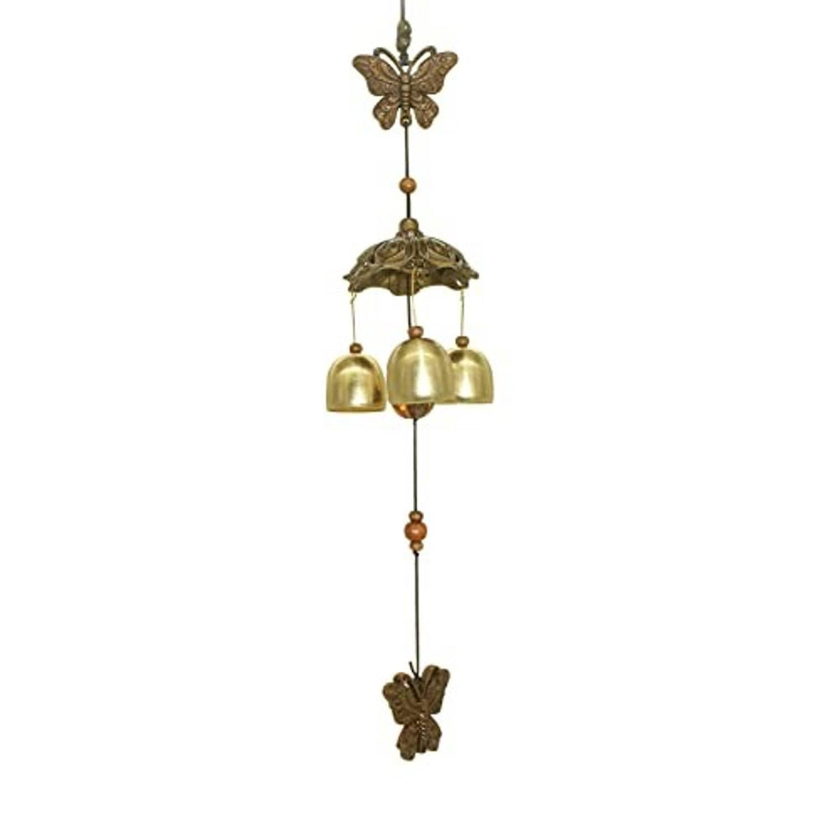 Metal butterfly wind chime with four brass bells and a butterfly charm at bottom