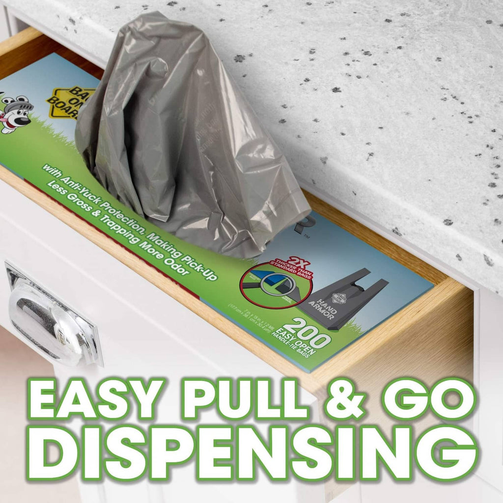 Dog waste pickup bag box with pulled gray bag and easy pull-and-go dispensing graphic.