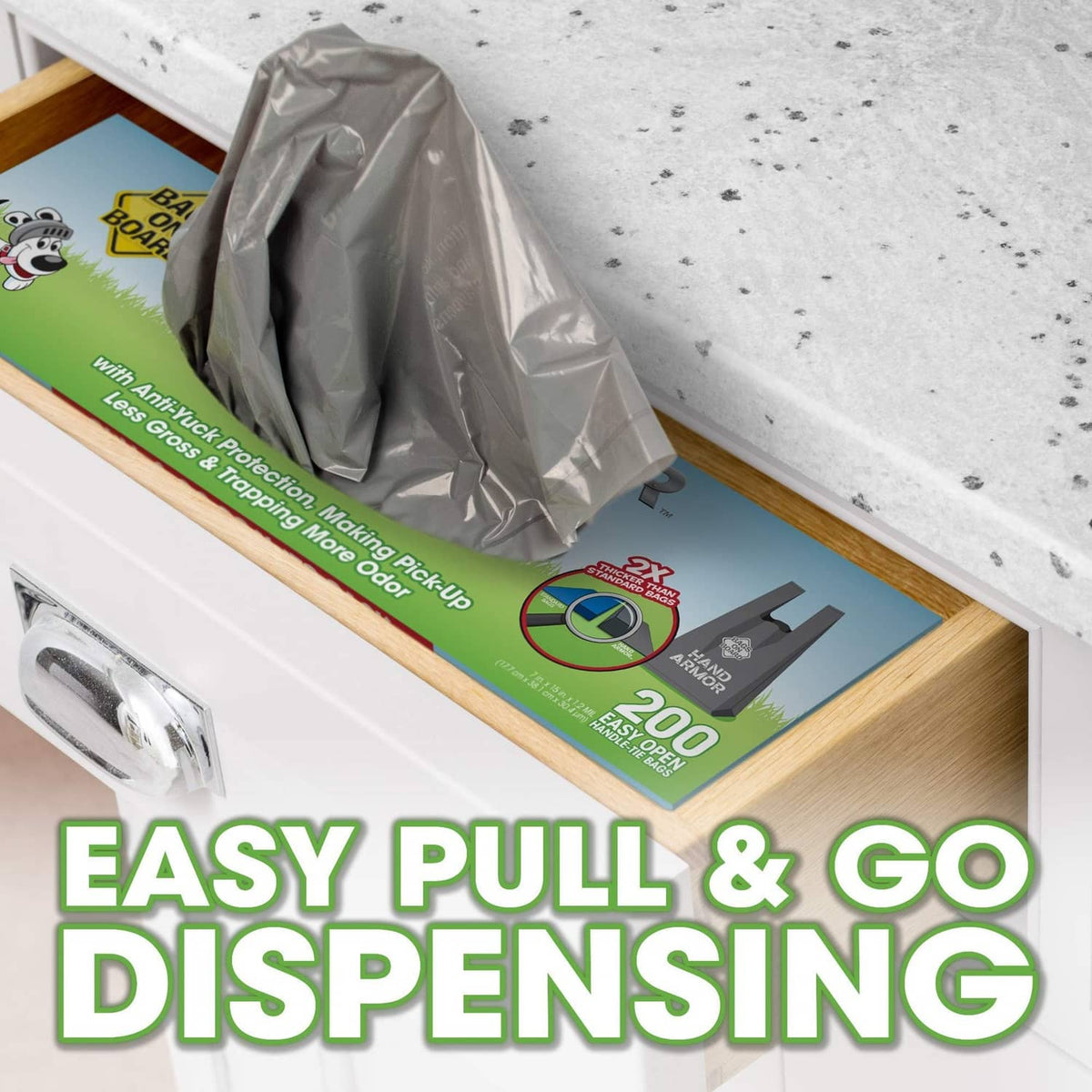 Dog waste pickup bag box with pulled gray bag and easy pull-and-go dispensing graphic.