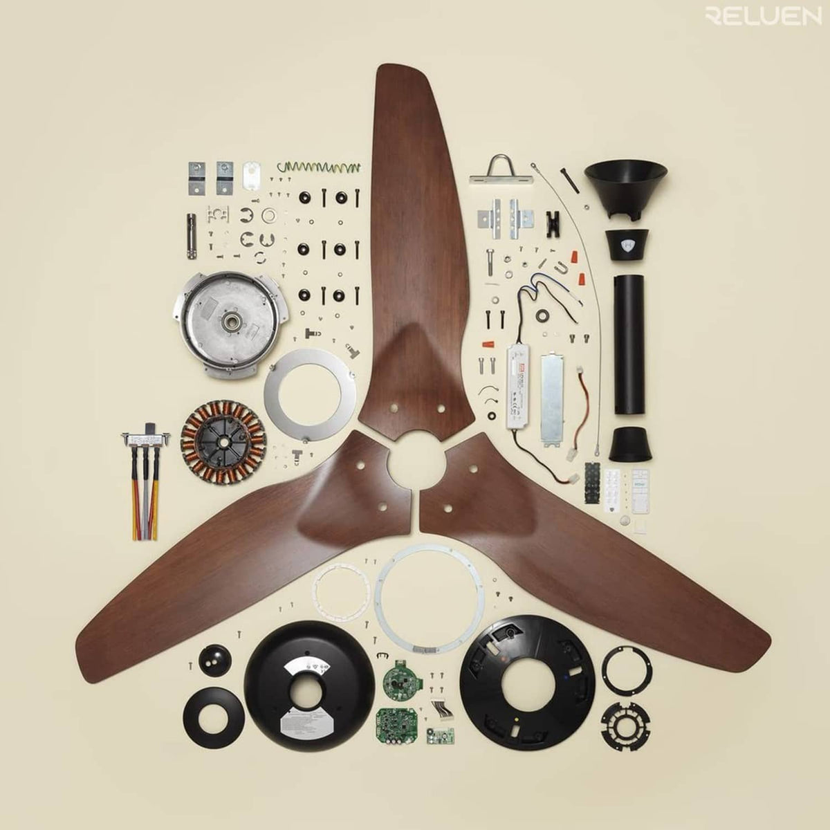 Ceiling fan assembly parts with wiring components, connectors, and mounting pieces