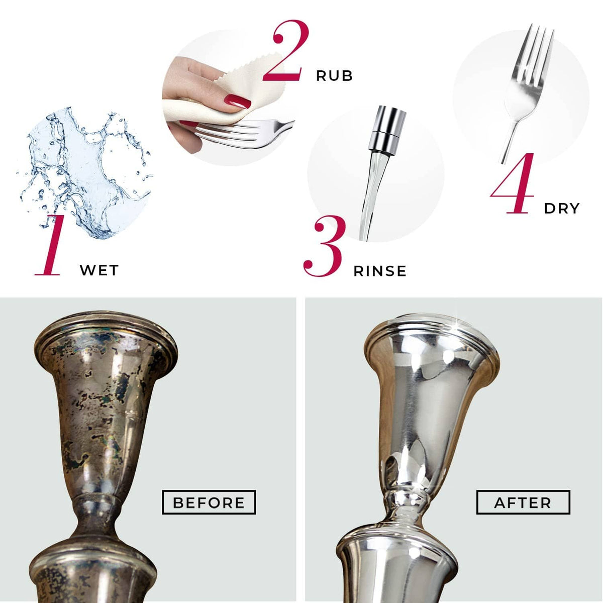 Silver cleaner wipes usage steps showing before-and-after on a silver cup