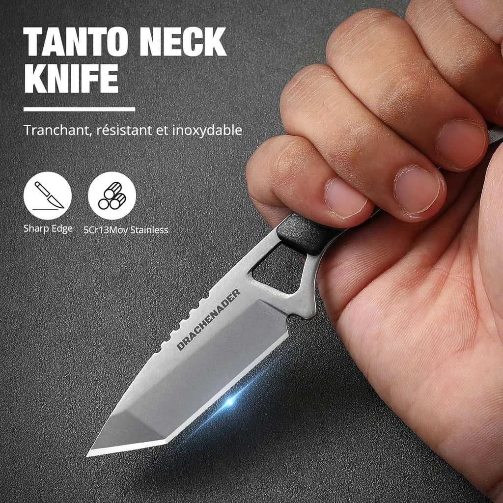 Small tanto neck knife in hand with serrated-style dark handle sheath