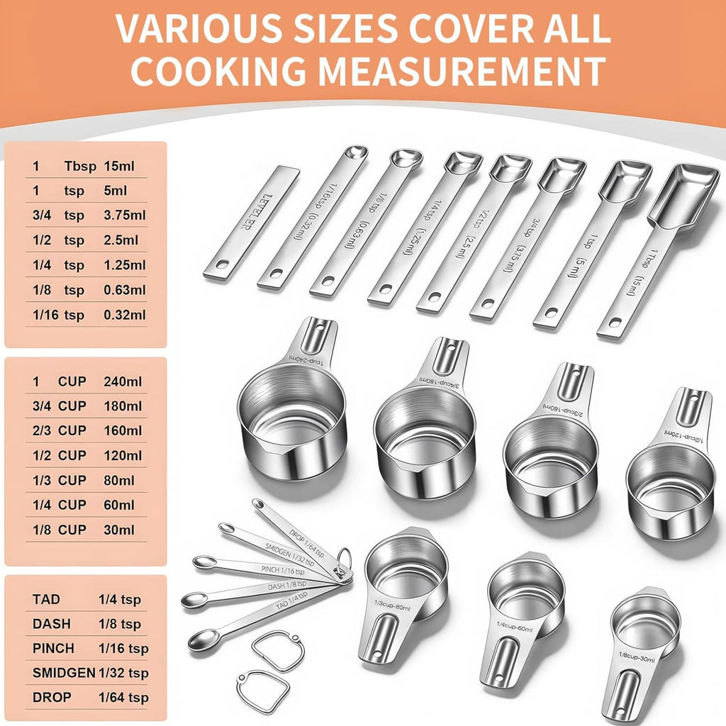 Stainless steel measuring spoons and nested cups set with engraved size markings
