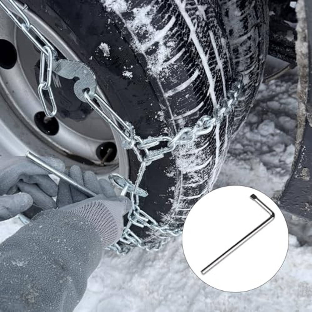 Gloved hand using chrome L-handle tire chain tool on chained truck tire