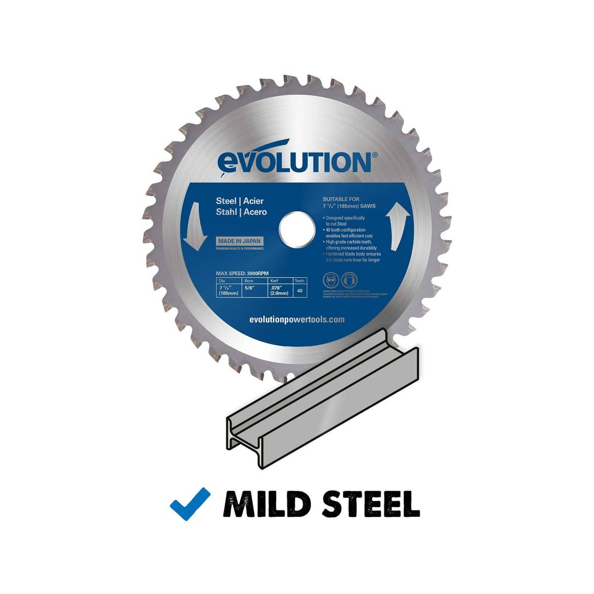 Evolution circular saw blade with center hole and teeth, shown with mild steel guide