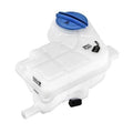 White engine coolant expansion reservoir with blue cap and overflow hose outlet