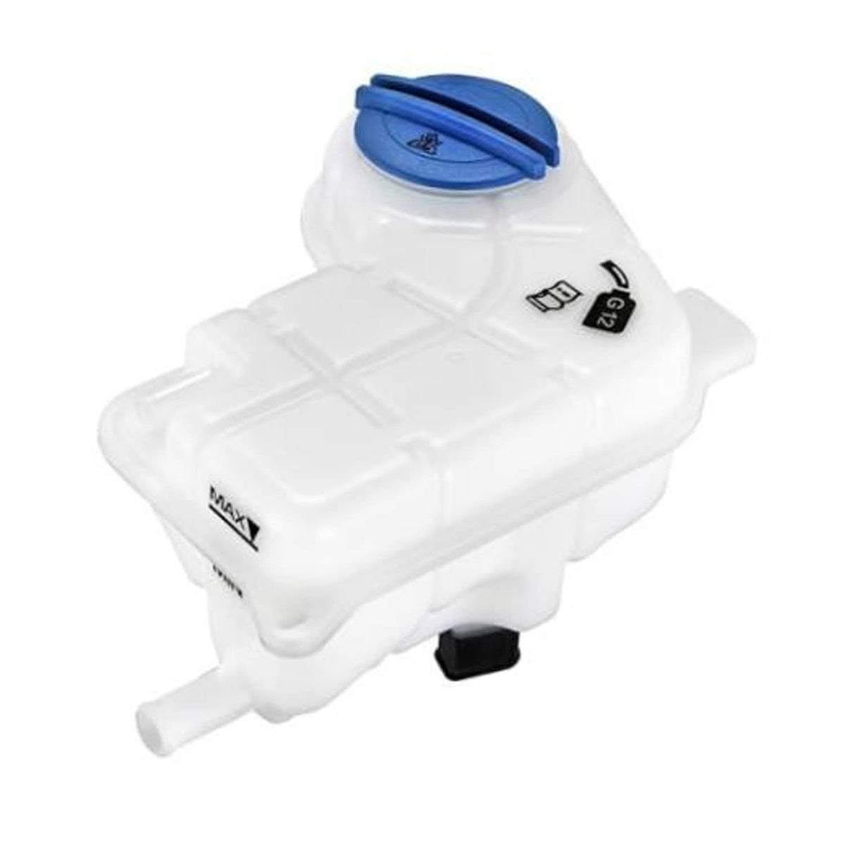 White engine coolant expansion reservoir with blue cap and overflow hose outlet