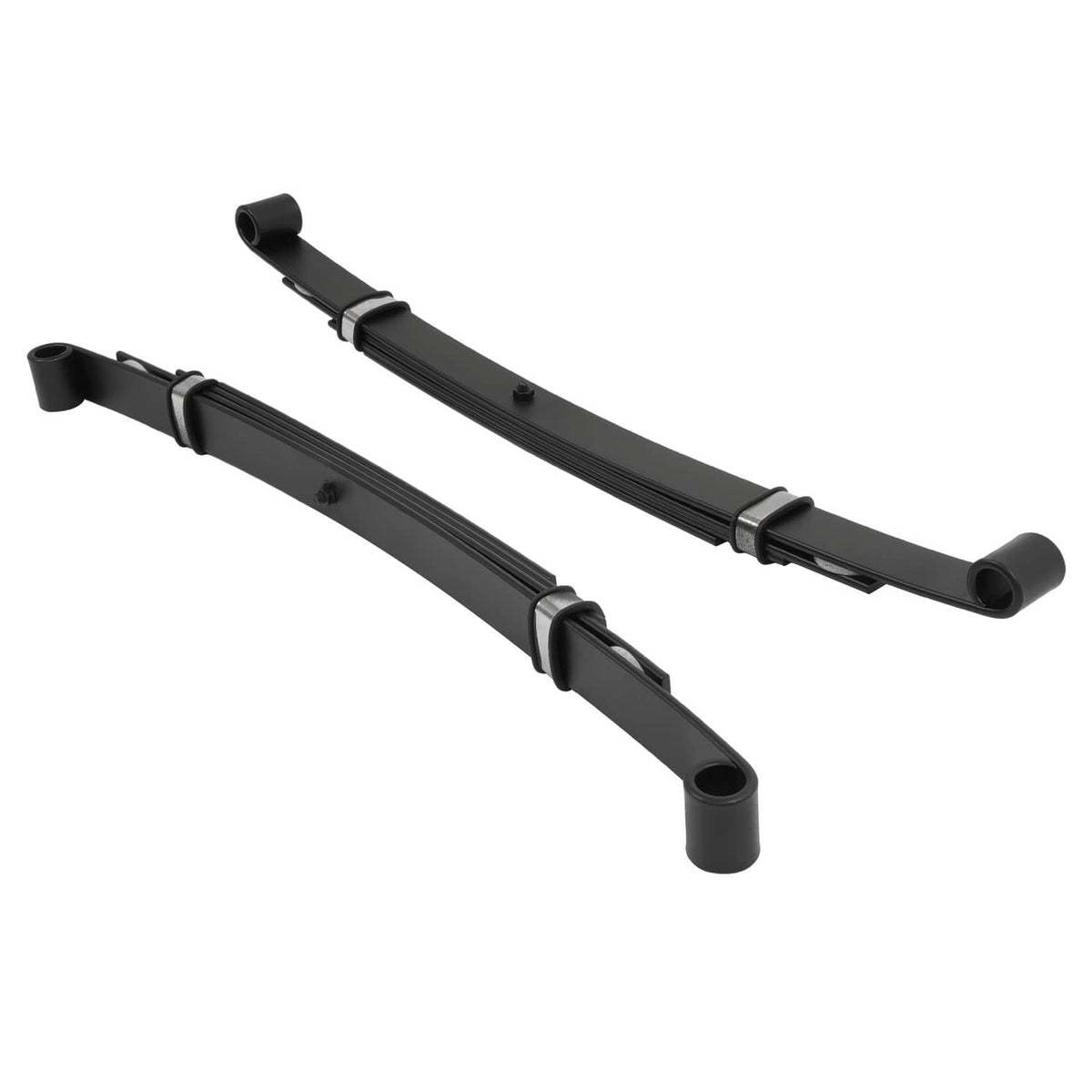 Two black rear leaf springs with end caps, brackets, and round bushing mounts