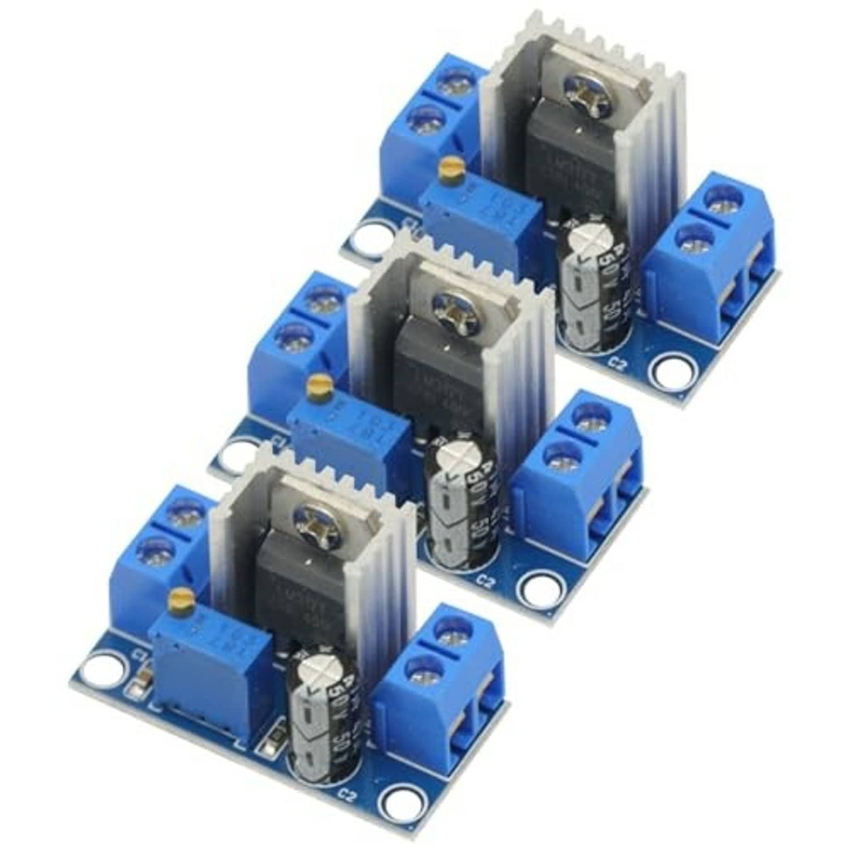 LM317 adjustable voltage regulator power supply module, blue PCB with screw terminals