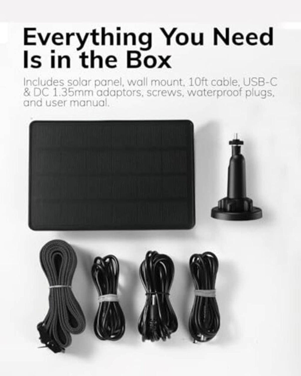 Solar panel kit contents: dark solar panel, wall mount, USB-C cable, and adapters