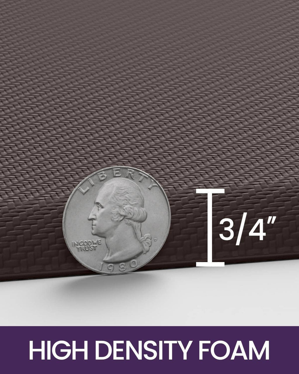 Kitchen floor mat foam thickness detail, textured dark gray surface; 3/4 in