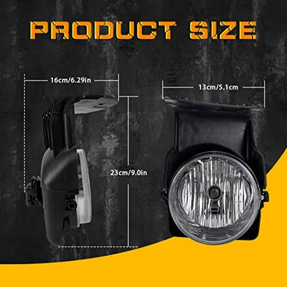 Round fog light with black bezel and clear lens shown in size diagram