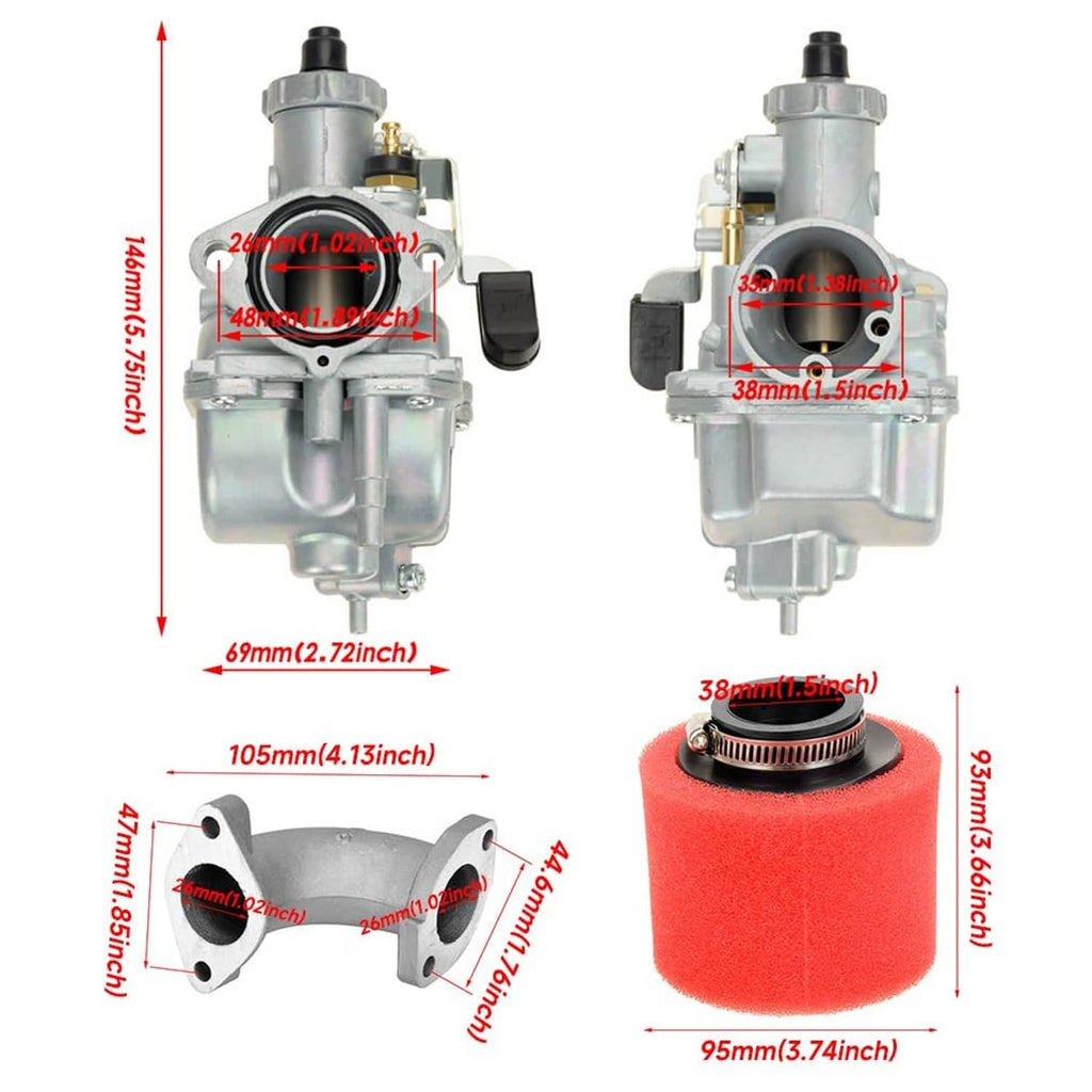 VM22 26mm carburetor with mounting flange and red foam air filter (dimensions)
