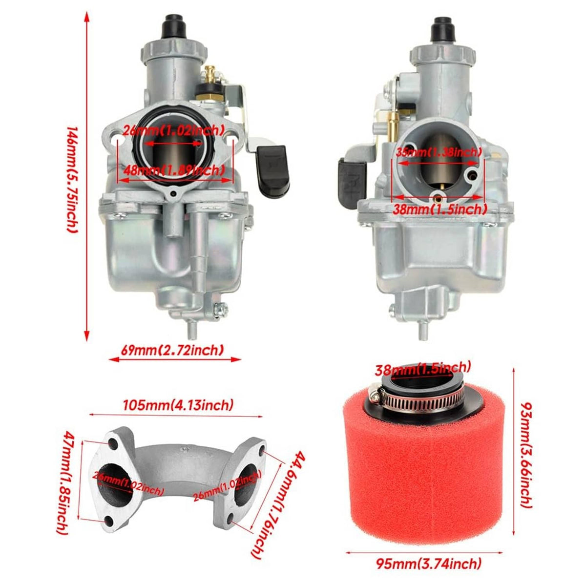 VM22 26mm carburetor with mounting flange and red foam air filter (dimensions)