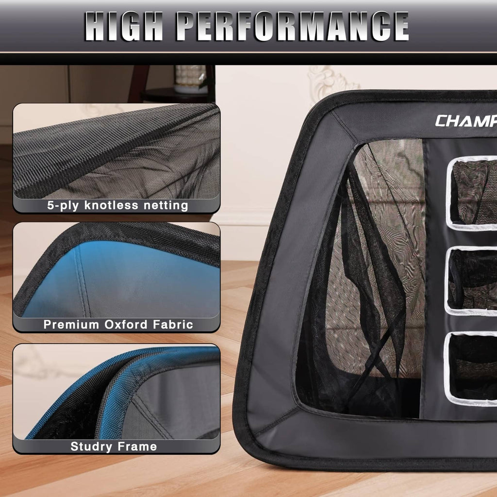 Triangular chipping net with layered mesh panels and sturdy frame in black