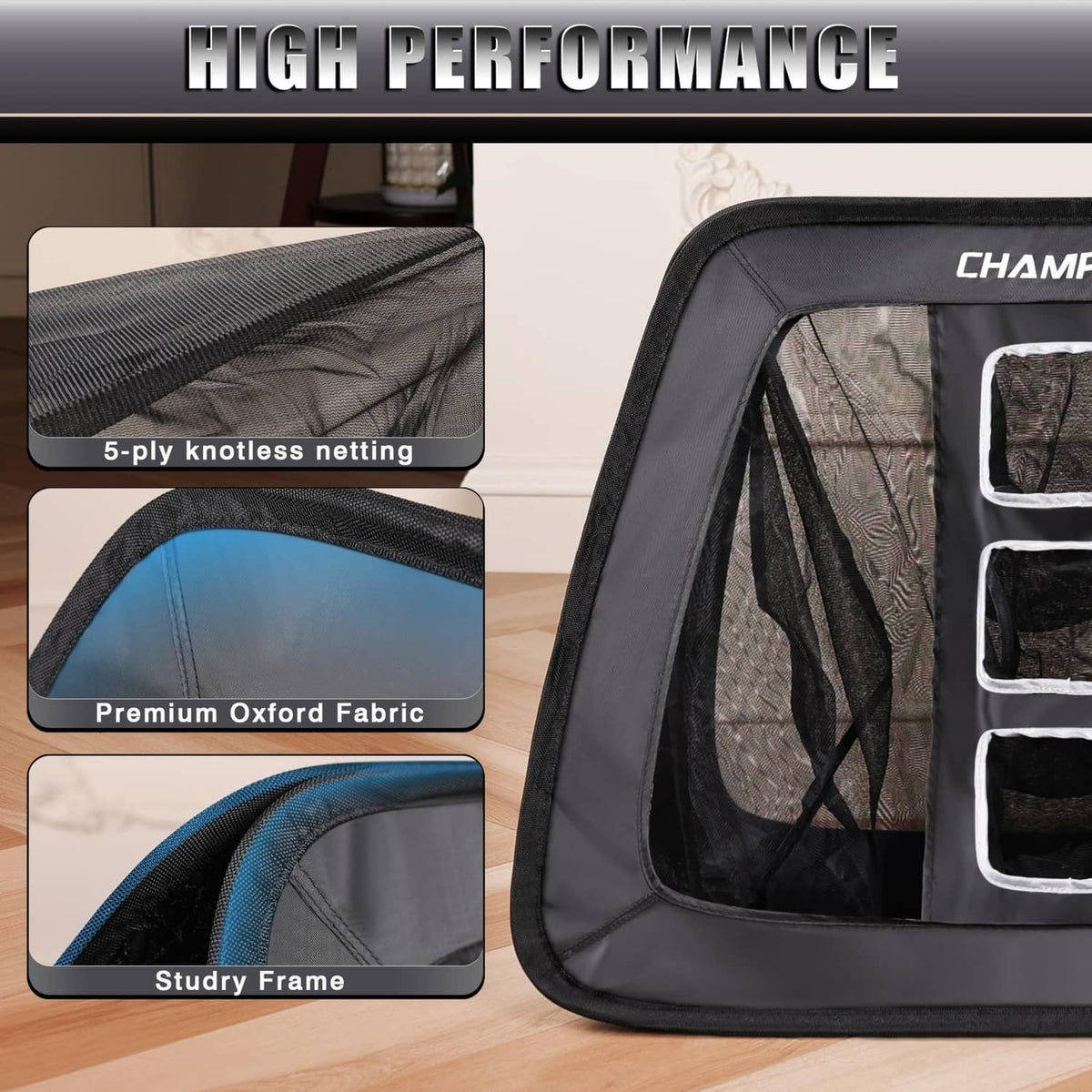 Triangular chipping net with layered mesh panels and sturdy frame in black
