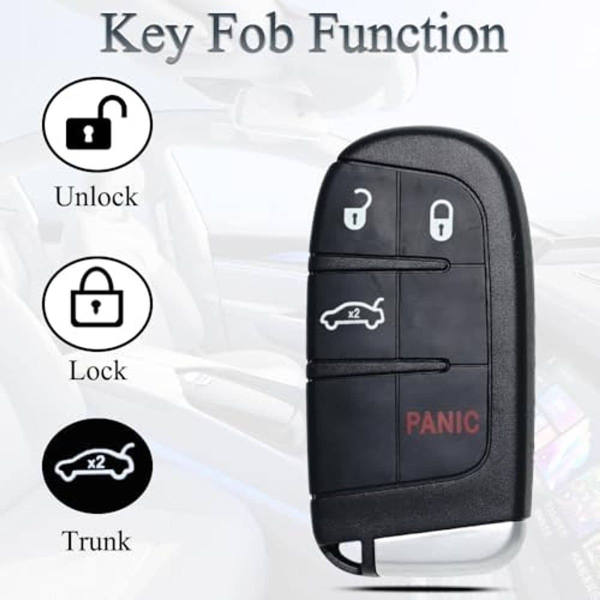 Black key fob with unlock, lock, and trunk buttons and red PANIC label