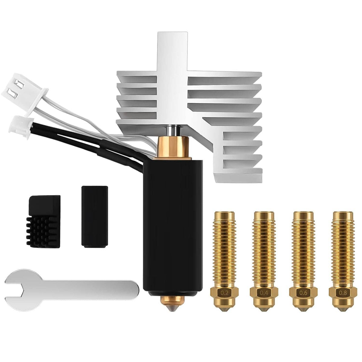 3D printer hotend kit with black heater body, white finned heatsink, brass nozzles, wiring