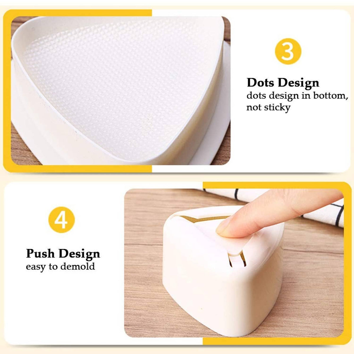 Cream triangle onigiri mold with finger pressing for easy release on a countertop