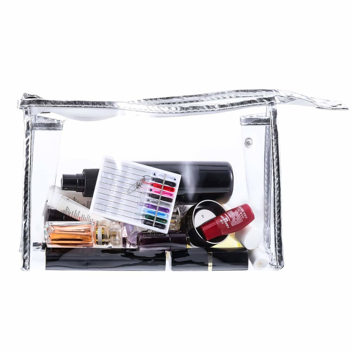 Hand sewing needle kit accessories in a clear pouch with pre-threaded needles
