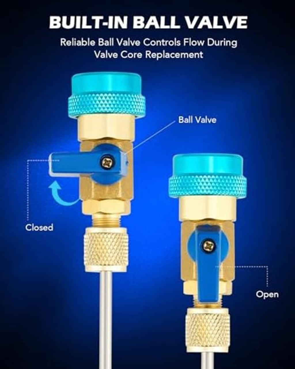 Ball valve quick-connect fitting with blue handle and brass body, shown open and closed