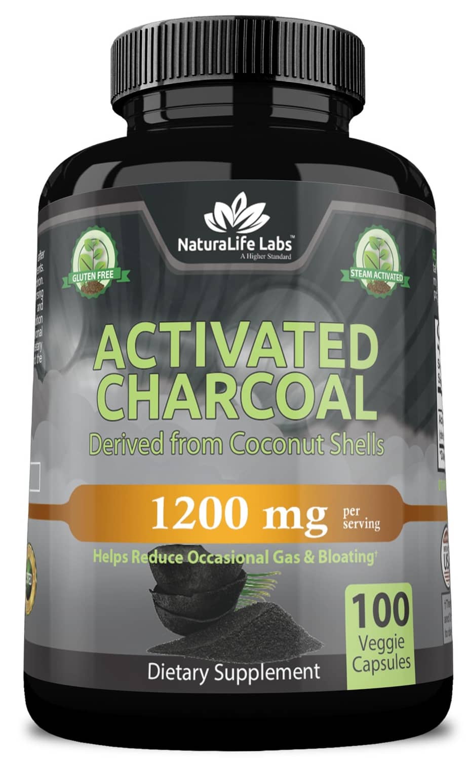 Activated charcoal dietary supplement capsules bottle, 1200 mg, 100 veggie capsules