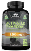 Activated charcoal dietary supplement capsules bottle, 1200 mg, 100 veggie capsules