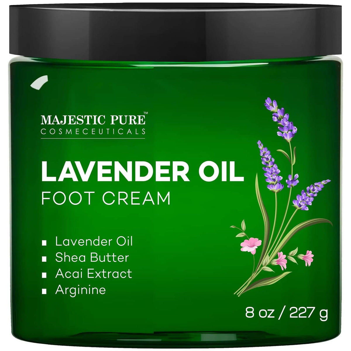 Majestic Pure lavender oil foot cream jar, green with lavender flowers, 8 oz.