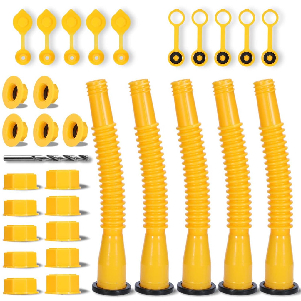 Yellow gas can spout replacement nozzle set with sealing caps and rubber gaskets