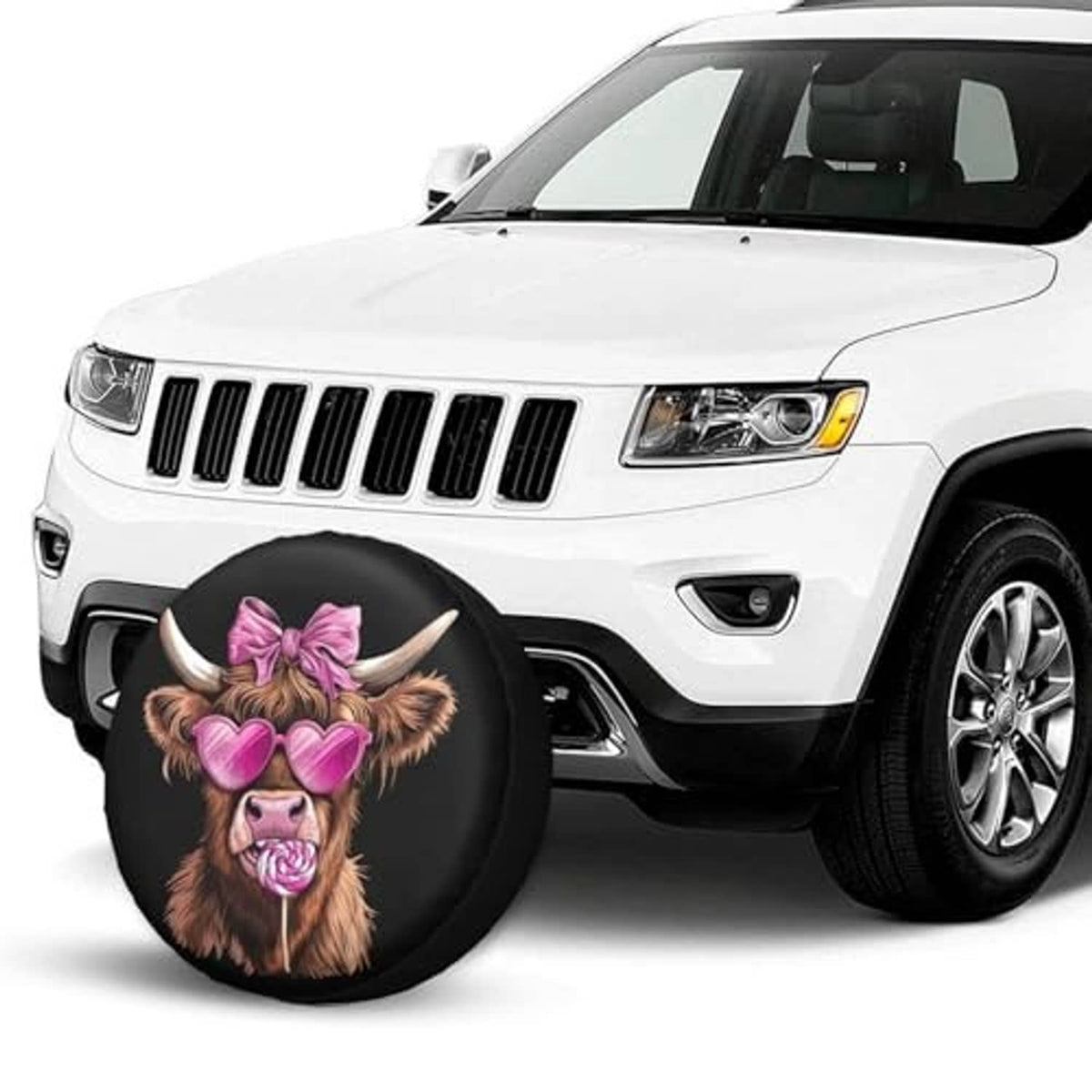 Black round spare tire cover with Highland cow art, pink bow, heart glasses, on front wheel