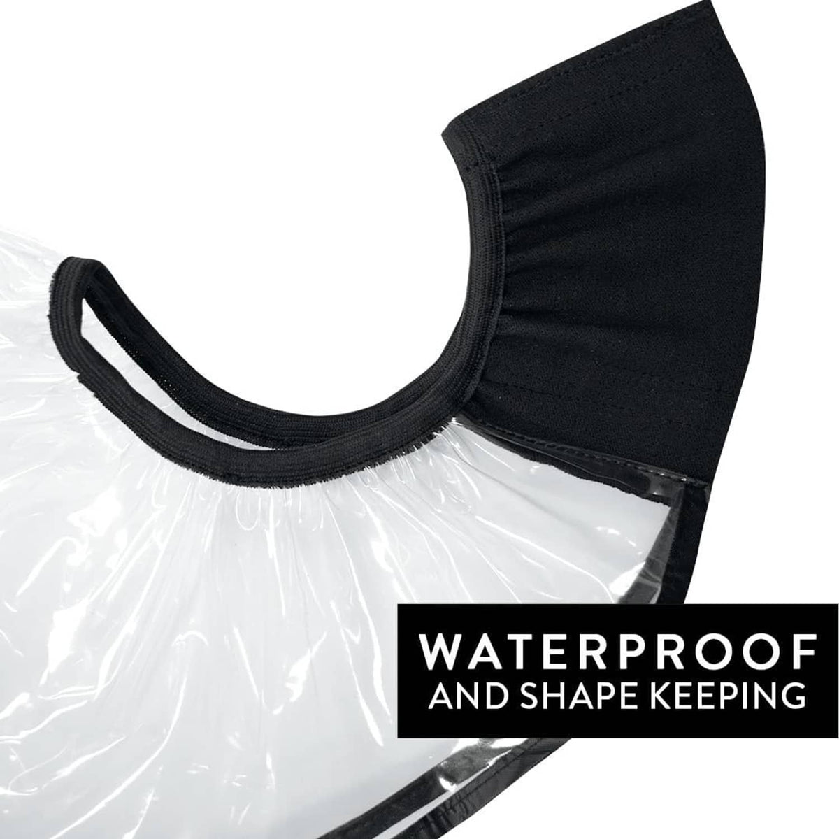 Black elastic hair funnel collar with clear plastic apron, open neck design