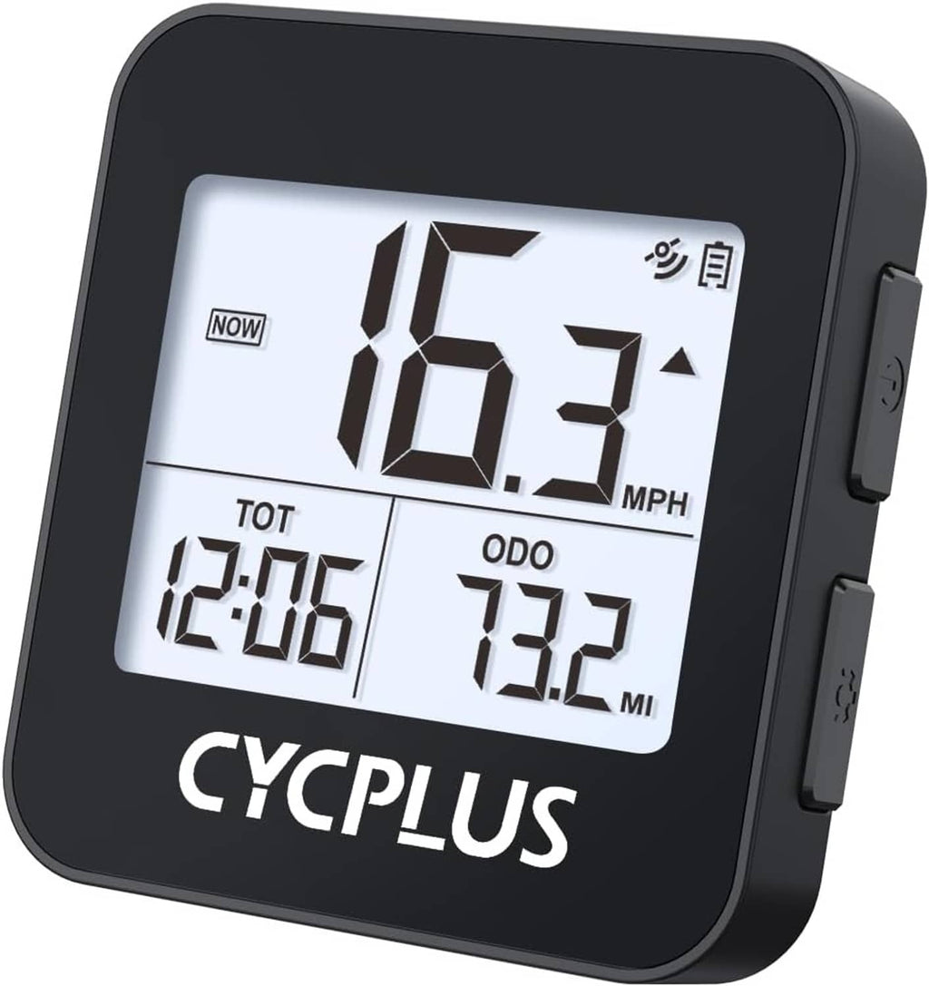 GPS bike computer with black frame and large LCD speed/odometer display