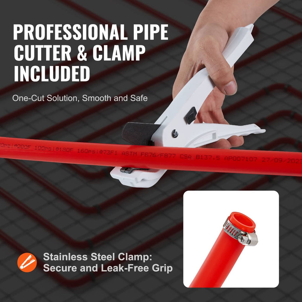Red PEX-B pipe with included professional pipe cutter tool and clamp