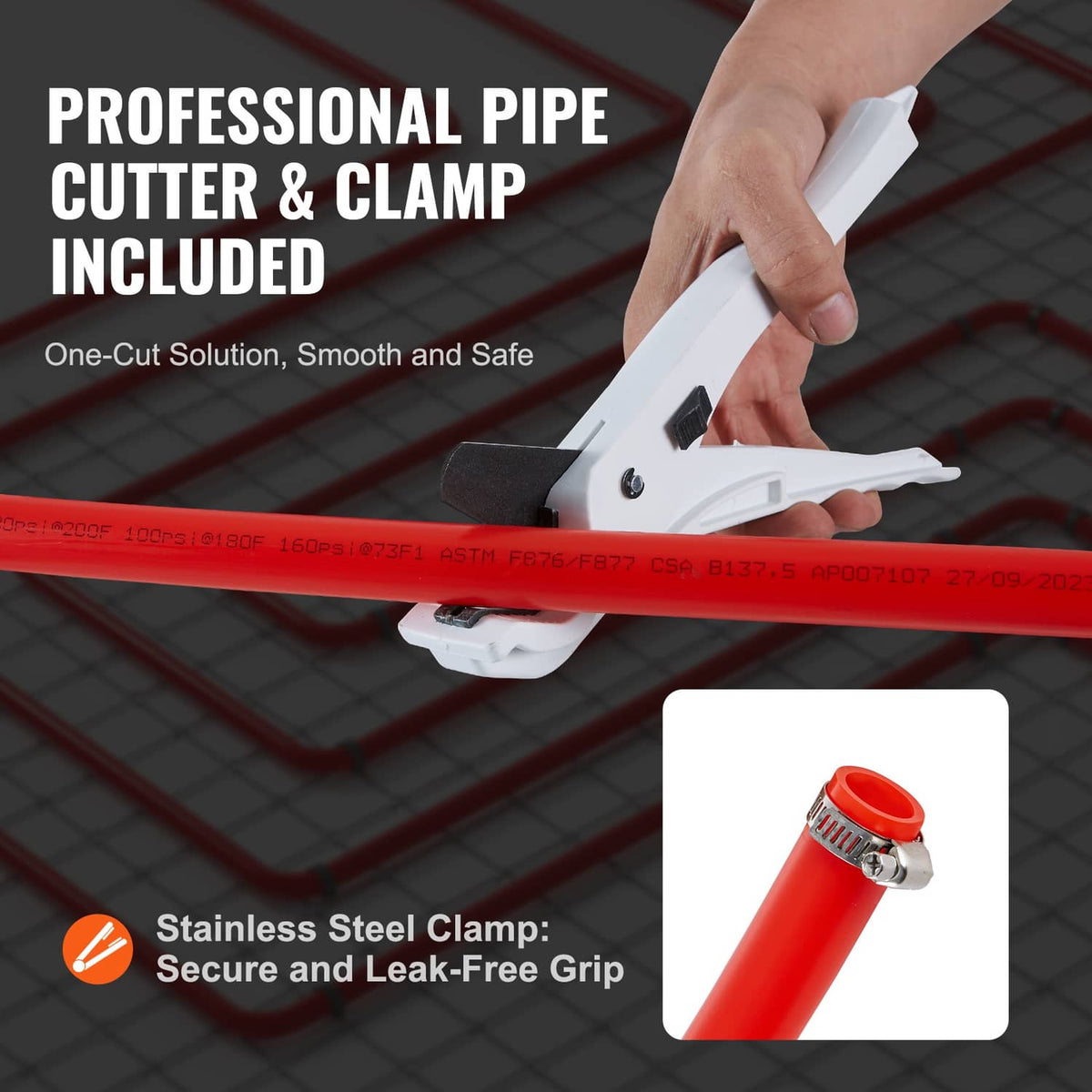 Red PEX-B pipe with included professional pipe cutter tool and clamp