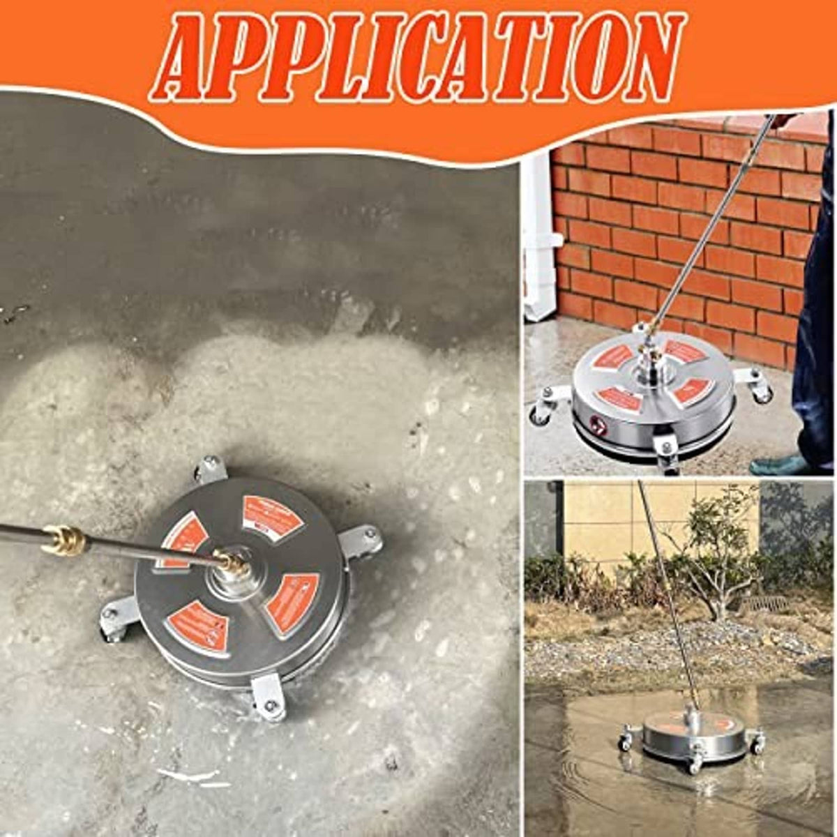 Pressure washer surface cleaner attachment spraying on driveway and patio surfaces