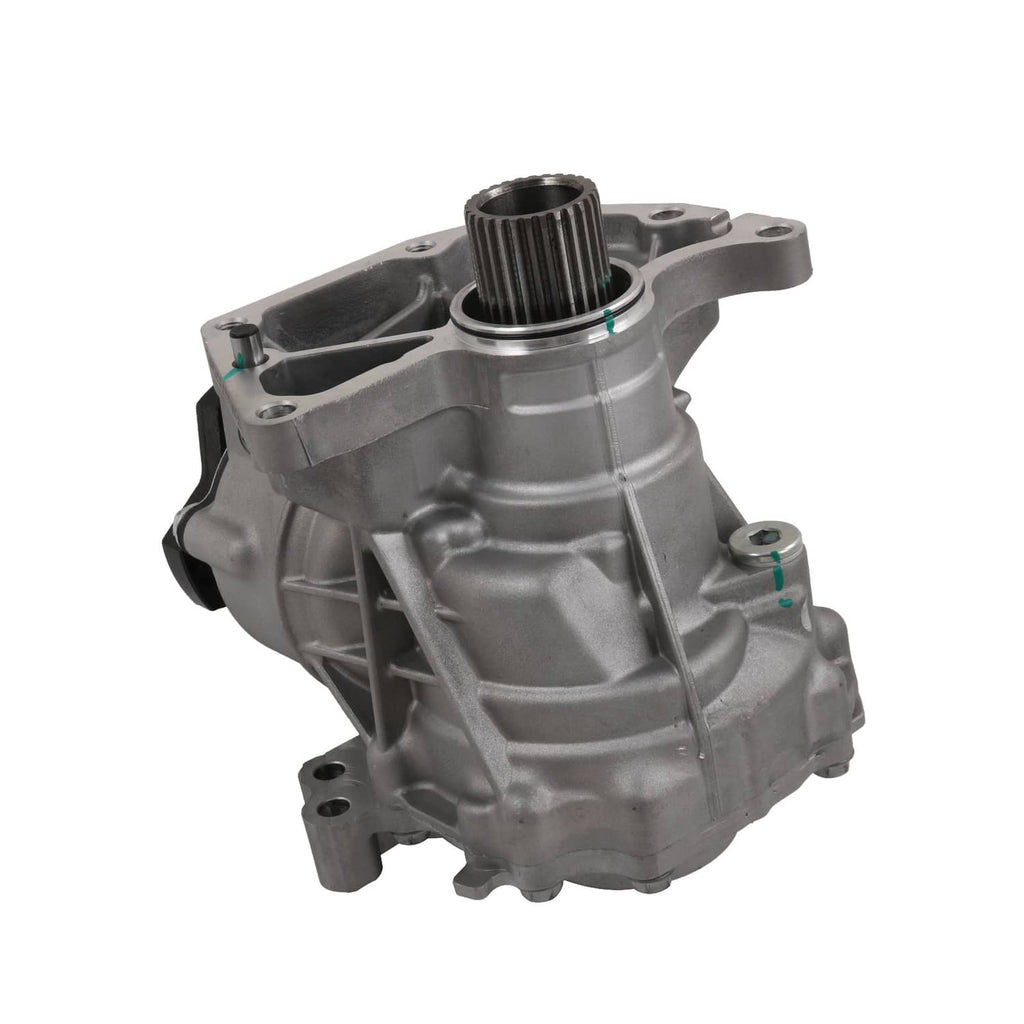 Automotive transfer case assembly, silver metal body with circular input opening and mounting tabs.