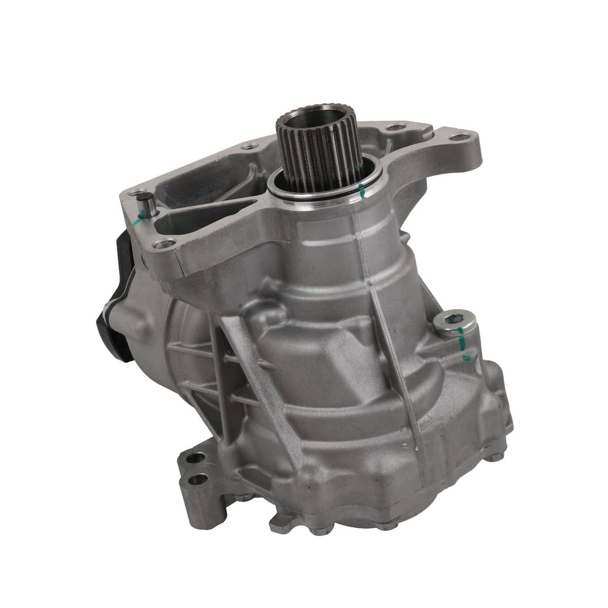 Automotive transfer case assembly, silver metal body with circular input opening and mounting tabs.