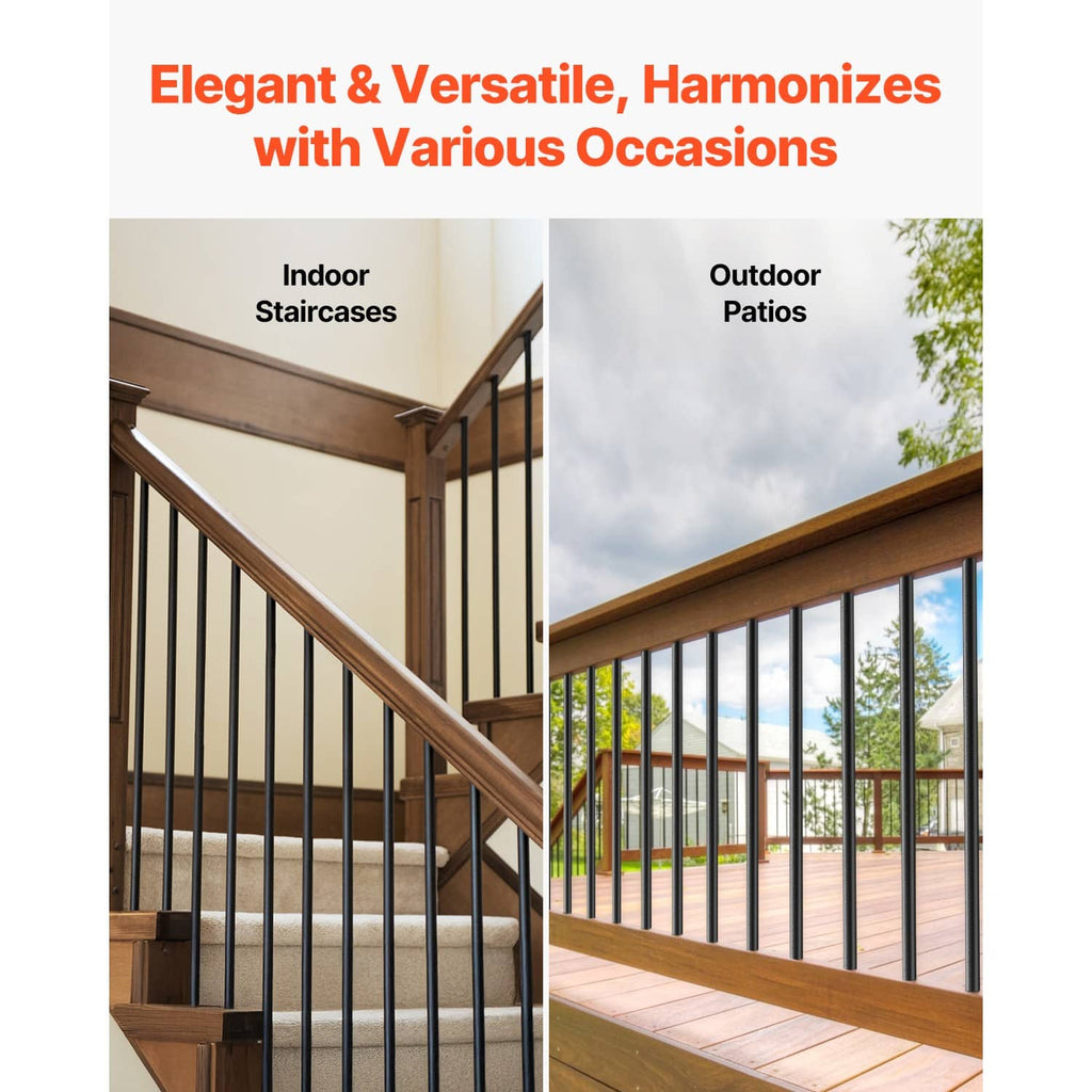 Black deck railing balusters used on indoor staircase and outdoor patio railings