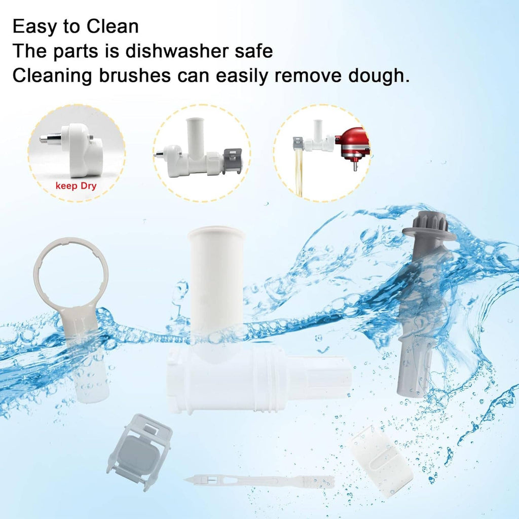 White pasta maker attachment parts with cleaning brush and water splash for rinsing