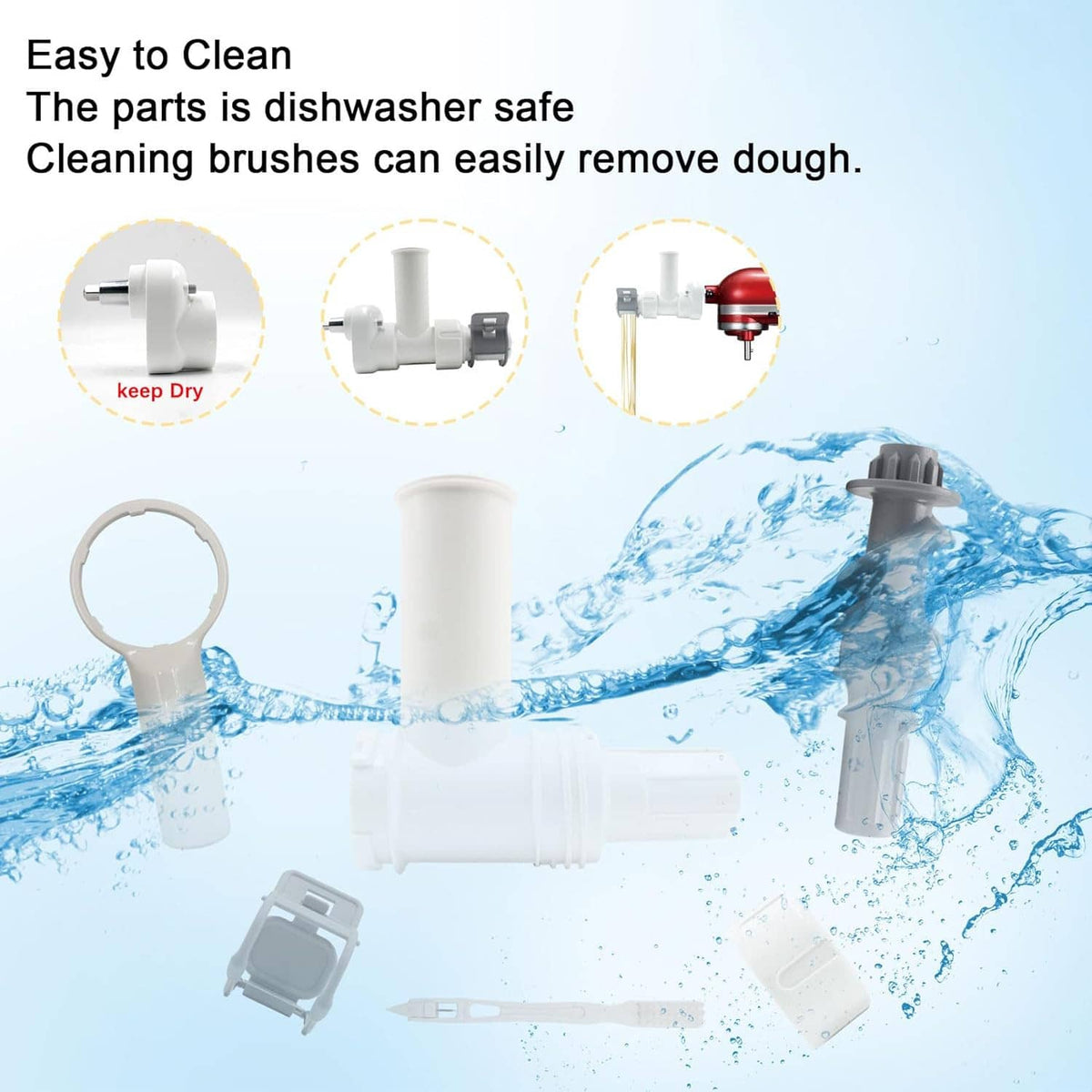 White pasta maker attachment parts with cleaning brush and water splash for rinsing