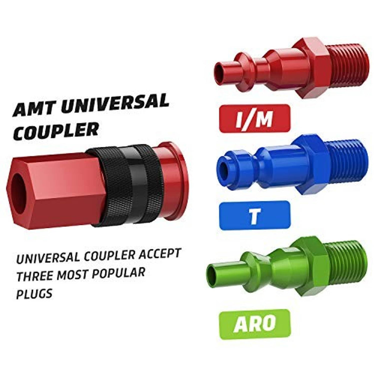 Universal air coupler set with red, blue, and green connectors and external threaded ends